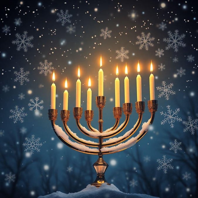 This serene nighttime scene captures the essence of Hanukkah with a lit menorah against a backdrop of snow-flecked trees and a starry sky.