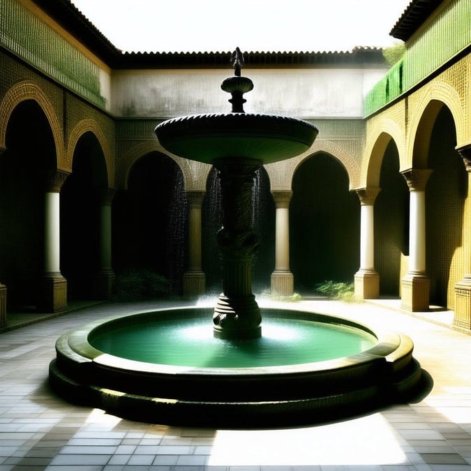 Immerse yourself in the opulence of this luxurious courtyard, where the soothing sound of the fountain harmonizes with the grandeur of the arches and columns.