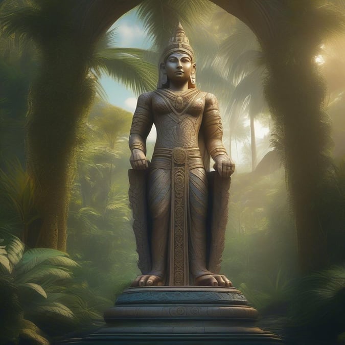 This wallpaper features an ancient temple nestled deep in the jungle. The statue at the center represents a figure of great importance, possibly from a mythological or historical era. The misty background adds to the mystique and tranquility of the scene, making it a perfect backdrop for desktop or mobile screens.