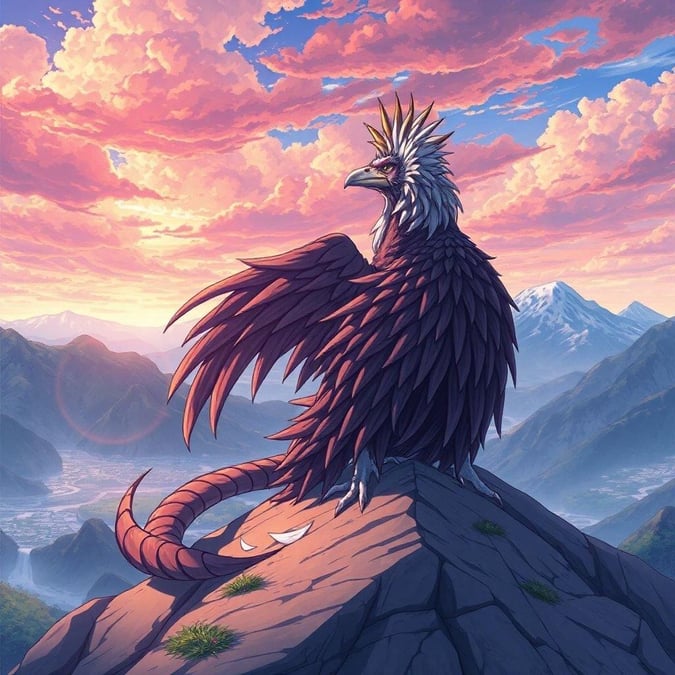 Experience the serene beauty of an anime Tengu landscape, where a gentle giant sits majestically on a mountainous terrain, gazing out at the breathtaking sky, with distant mountains adding depth to the scene.