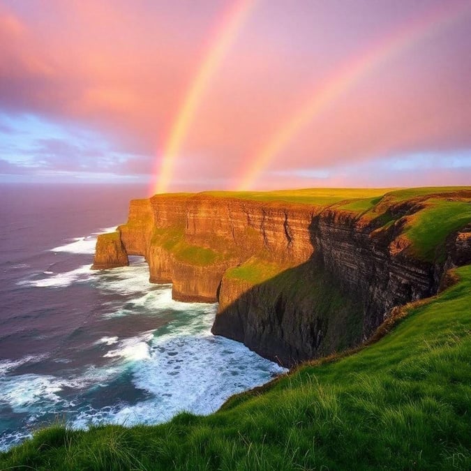 A stunning view of a cliffside with a rainbow stretching across the sky, creating a sense of wonder and magic.