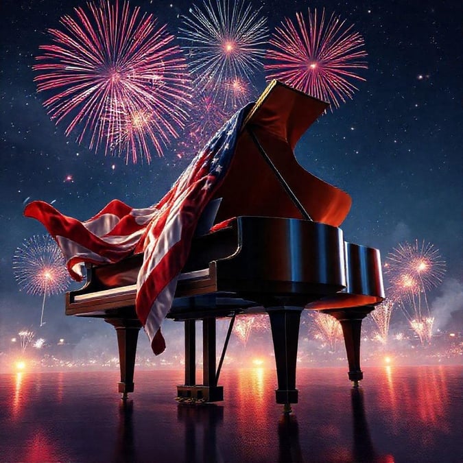 A stunning depiction of American Independence Day celebrations with a piano draped in an American flag. The sky is filled with fireworks, creating a dramatic and festive atmosphere.