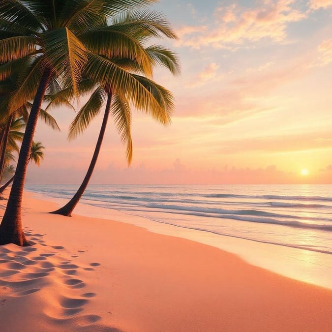 A breathtaking sunset scene at the beach, with palm trees and a calm atmosphere.