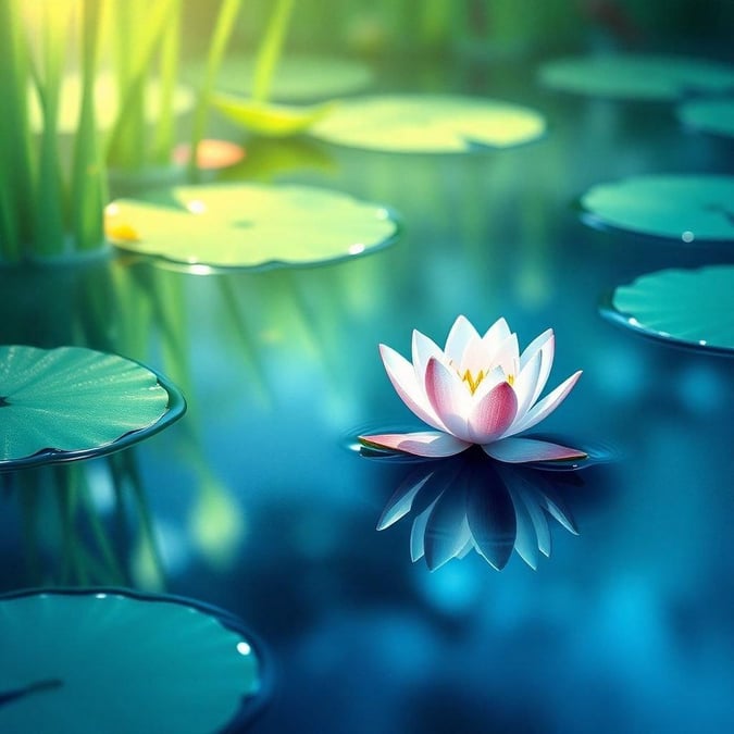 A serene scene of a lotus flower blooming amidst the tranquility of a pond, encapsulating the essence of Zen.