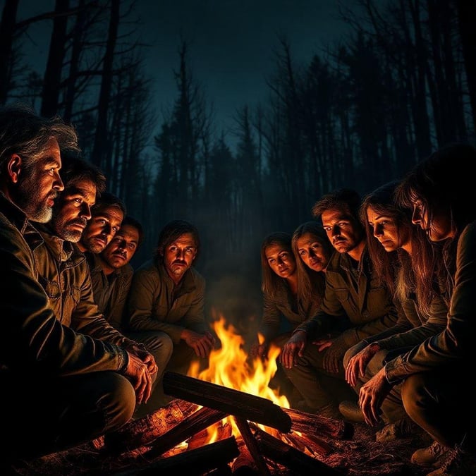 The Last of Us cast sitting around a campfire, a scene from the popular TV show.