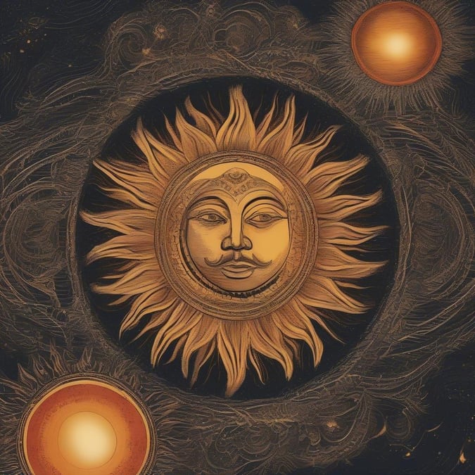 This artwork captures the beauty of a sunrise as seen through the cosmic lens. The central sun, radiant and glowing, is encircled by planets and stars in an intricate celestial design.