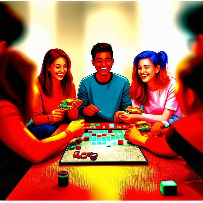 A group of four young friends, three girls and one boy, are enjoying a board game session together. They're smiling widely, indicating they're having a great time. The table is adorned with various board games in front of them, suggesting a casual social gathering focused on leisure activities.