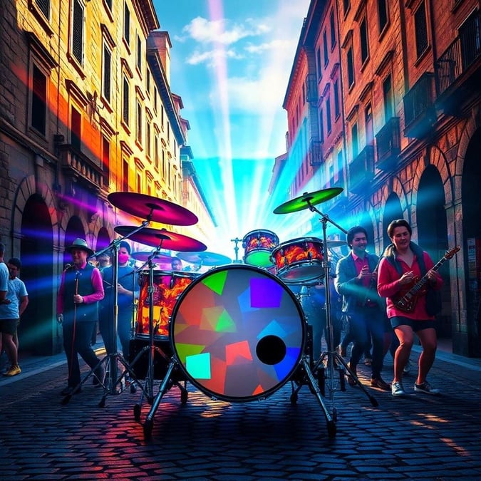 This vibrant wallpaper captures the energy of a rock band performing on the street, surrounded by a lively crowd. The image is perfect for music enthusiasts and those who appreciate the thrill of live performances.