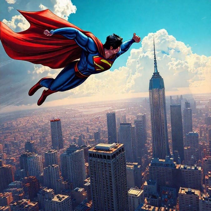 Superman soars over New York City, embodying the spirit of comic legends. A hero who stands tall above the cityscape, ready to protect and save.