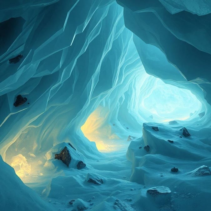 Explore the majestic natural beauty of these crystal blue ice caves. The deep cavernous tunnels are a testament to nature's stunning architecture, with formations of frozen water that sparkle under the light like gemstones. This serene and mysterious scene invites you into its cool embrace for a moment of tranquility.