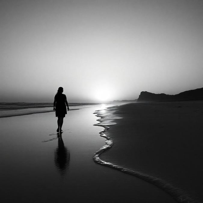 A woman takes a peaceful walk on the beach as the sun sets behind her, creating a breathtaking scene of natural beauty.