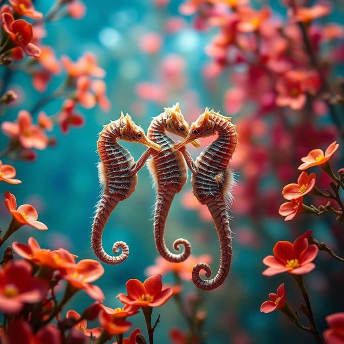 This captivating wallpaper takes you on an underwater journey where two sea horses are playfully interacting with each other amidst a vibrant coral reef. The scene is bathed in sunlight filtering through the water, creating a mesmerizing dance of light and shadow that adds depth to the image. Whether it's your desktop or mobile background, this enchanting underwater vista is sure to bring the serene beauty of marine life into your daily view.