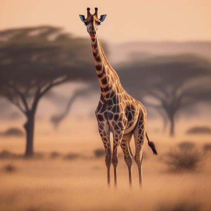 This captivating scene captures the elegance of a giraffe striding across a vast desert landscape, with silhouettes of trees and savannah grasses dotting the horizon. The warm hues of the sky suggest either sunrise or sunset, adding to the serene beauty of the image.