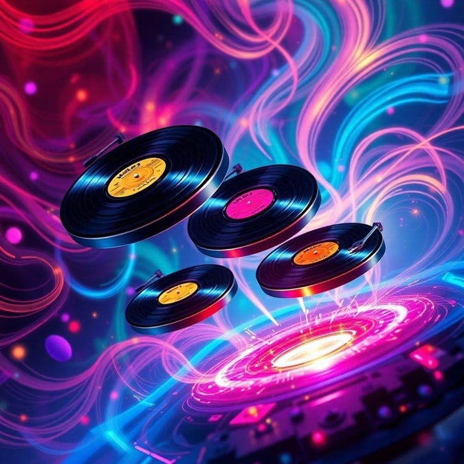 Get ready to groove with this vibrant wallpaper featuring vinyl records in flight, set against a backdrop of swirling colors and dynamic patterns.