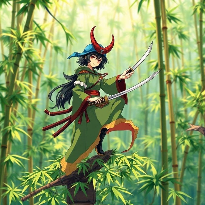 An anime illustration of a kunoichi, a female ninja, perched on top of bamboo stalks, ready for action. She's surrounded by the tranquil forest environment, adding to her stealthy presence.