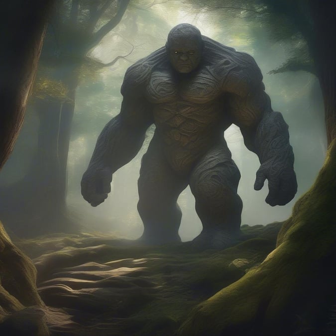 A majestic stone creature stands as the guardian of an enchanted forest, his massive form a testament to ancient magic.