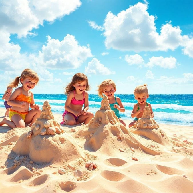 This stunning wallpaper captures the serenity of a beach scene, perfect for desktop and mobile use. The image features a group of children building sandcastles, surrounded by the soothing sounds of the ocean and the warmth of the sun.