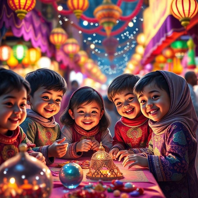 A group of children come together to celebrate Ramadan and Eid, surrounded by vibrant lanterns and decorations, creating a joyful and festive atmosphere.