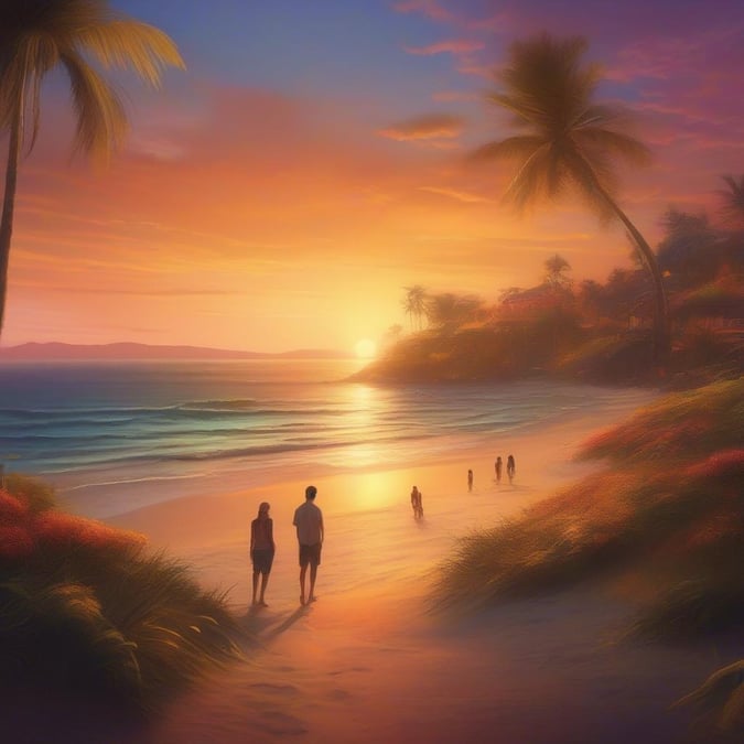 Enjoy a romantic walk on the sand with a stunning tropical sunset in the background.