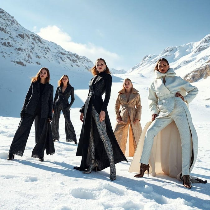 A group of fashionistas strut through the snow-capped mountains, embodying a mix of urban glamour and outdoor adventure.