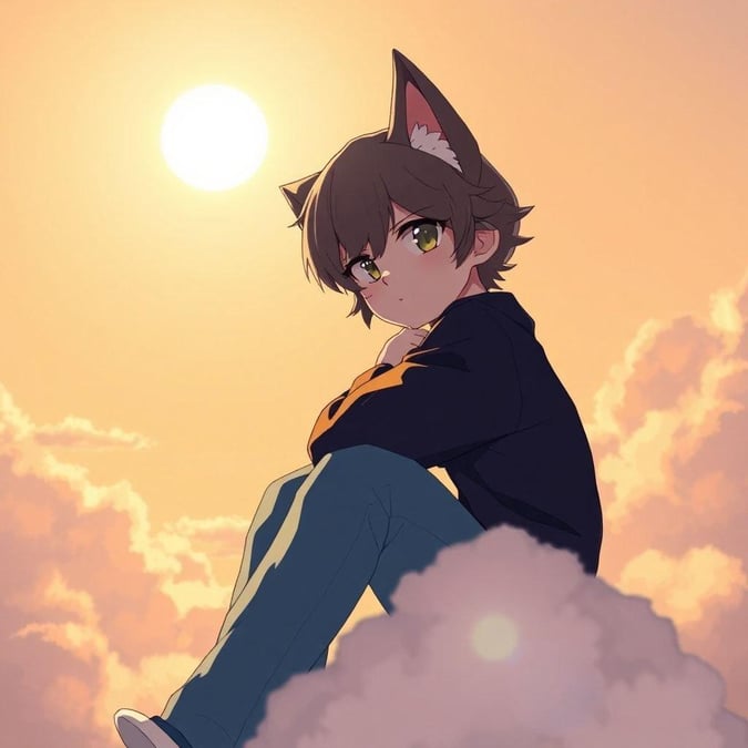 A boy with cat ears and whiskers sits on a cloud, looking at the sunrise with a smile.