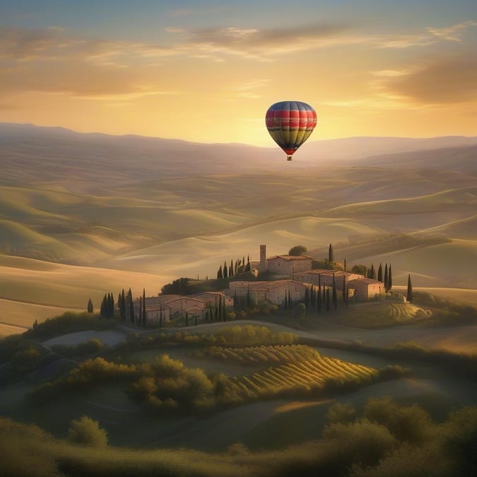 A hot air balloon soaring over the rolling hills of Tuscany, Italy, capturing the essence of adventure and exploration.