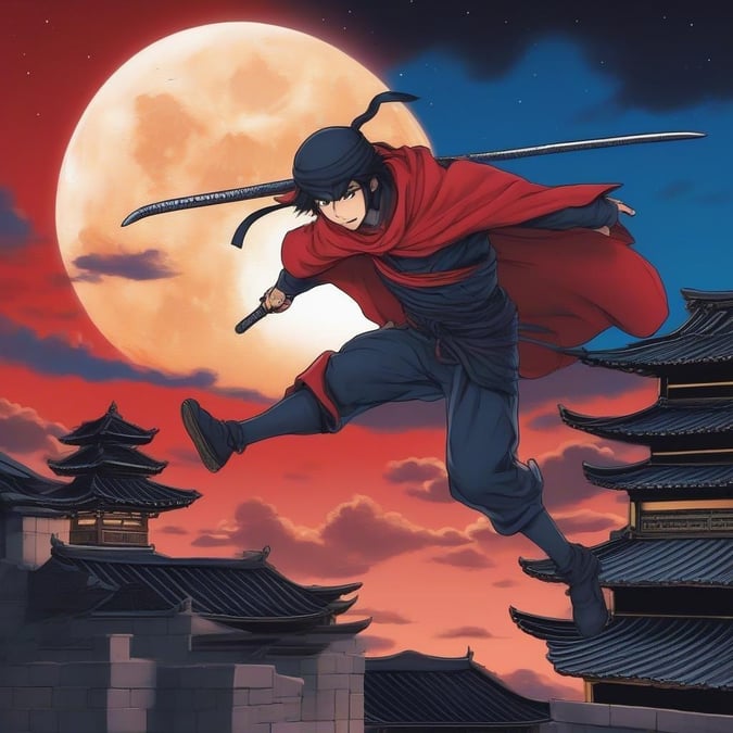 Dash through the night as a ninja warrior, cloaked in red and armed with a sword, under the glow of a full moon and two moons against a mystical backdrop.