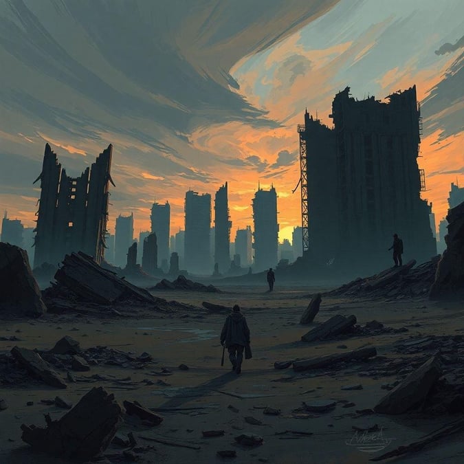 A desolate landscape after an event has destroyed cities. The few remaining structures stand as a testament to the past, with a lone figure surveying the devastation.