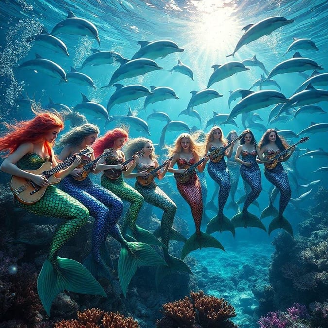 This stunning wallpaper features a group of mermaids playing musical instruments underwater, surrounded by dolphins and colorful coral reefs. The vibrant colors and lively atmosphere make it a perfect addition to any desktop or mobile device.