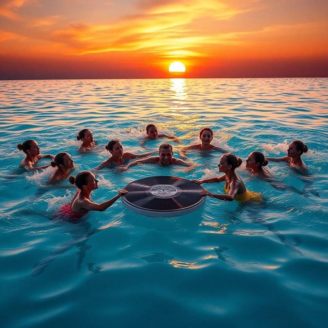 A serene scene at sunset where a group of musicians have gathered in the ocean, possibly playing music together. The vibrant hues of the sky contrast beautifully with the deep blue of the water. This image could be a perfect wallpaper for those who enjoy the soothing sound of music by the sea.