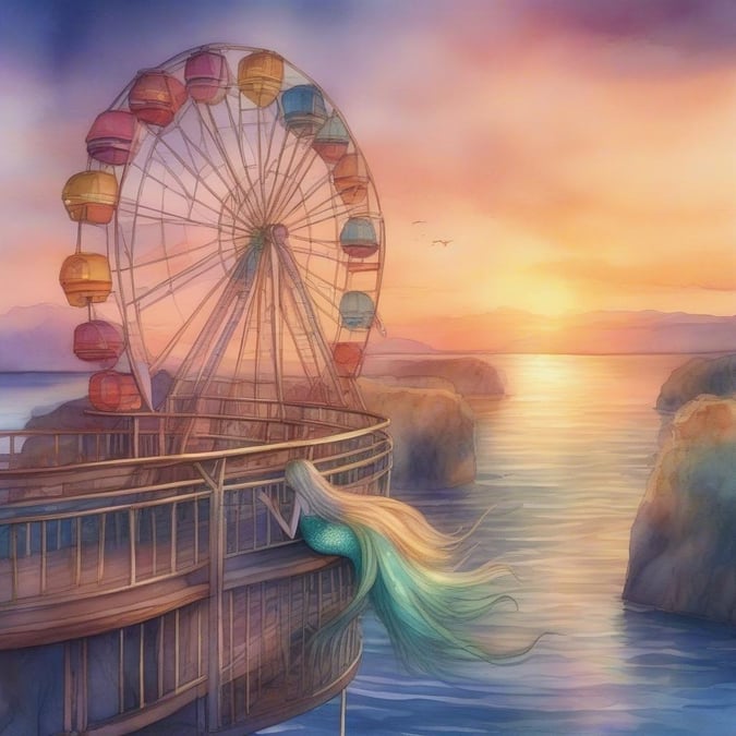 A mermaid gazes at a Ferris wheel during a breathtaking sunset at the carnival.