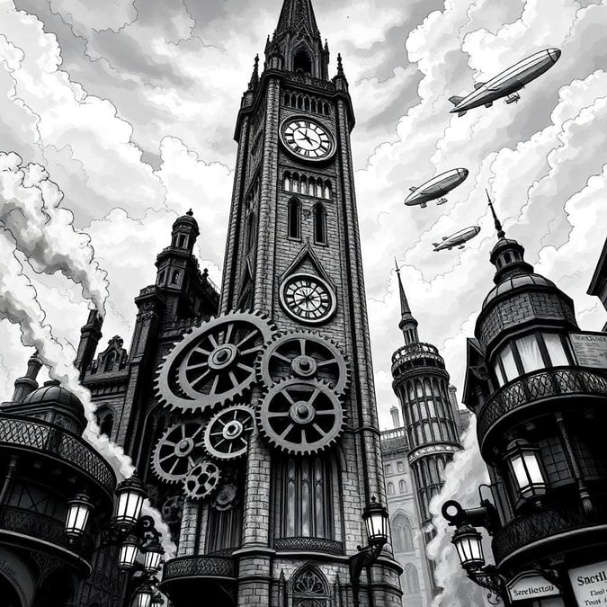 An artistic depiction of a bustling London with elements of whimsy and steampunk.