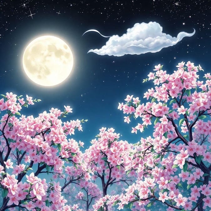 Immerse yourself in the tranquil beauty of this anime-style wallpaper, featuring a majestic full moon, a delicate white cloud, and a vibrant garden of cherry blossoms.