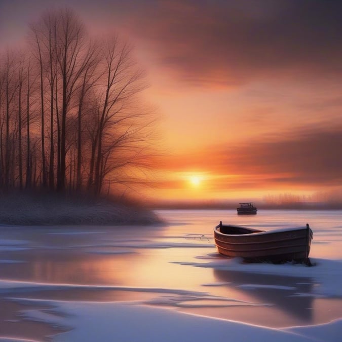 A serene scene at sunset during the winter solstice, with a boat frozen in the still waters. The sky is painted with warm hues of orange and yellow, contrasting with the cool tones of the snow-covered landscape.