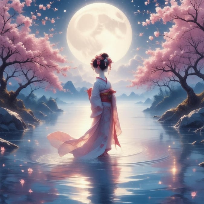 Tauchen Sie ein in die bezaubernde Welt des Anime mit diesem fesselnden Wallpaper, das eine Geisha zeigt, die auf einem Lichtfluss schwebt, umgeben von Kirschblütenbäumen und einem lebhaften Himmel, alles erleuchtet vom strahlenden Glanz des Mondes.