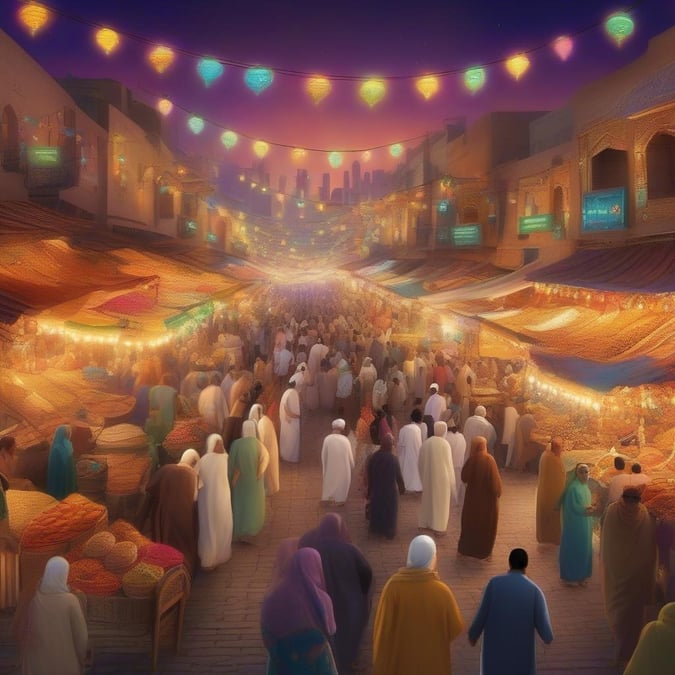 Experience the vibrant atmosphere of a Ramadan bazaar with this stunning wallpaper. The image captures the essence of the holy month, with a bustling marketplace filled with people from all walks of life. The warm glow of the lanterns and the vibrant colors of the decorations create a sense of excitement and joy, making this wallpaper perfect for anyone looking to add a touch of Ramadan magic to their device.