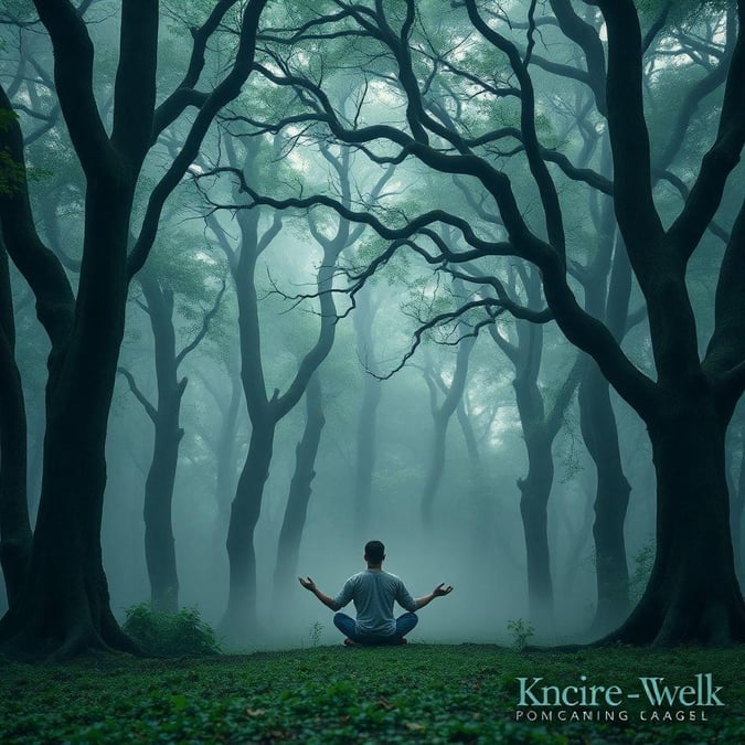 Find your inner peace amidst a mysterious misty forest, where time seems to slow down. This tranquil scene is perfect for mindful moments or contemplative spaces.