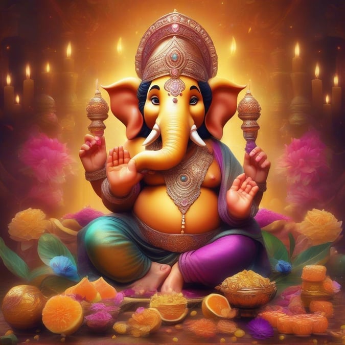 Lägg till en touch av festlig glädje till din enhet med denna fantastiska Ganesha-bakgrund, perfekt för att fira Diwalis anda. Den färgglada och intrikata designen kommer garanterat att ge glädje och positivitet till din skärm.