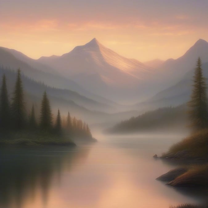 This breathtaking landscape wallpaper features a majestic mountain range, with a calm lake in the foreground and lush trees surrounding it. The soft, pastel colors of the sky create a peaceful atmosphere, perfect for relaxation.