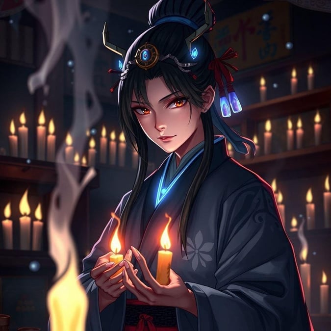 This anime-style illustration features a beautiful geisha girl holding candles, creating a serene and peaceful atmosphere.