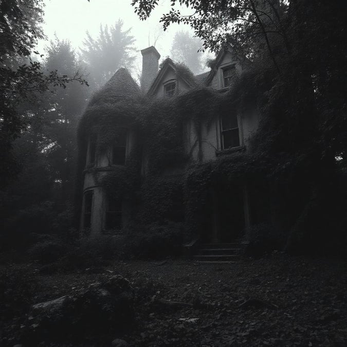 This haunting black and white wallpaper features an abandoned house nestled in the woods, exuding a sense of mystery and intrigue.