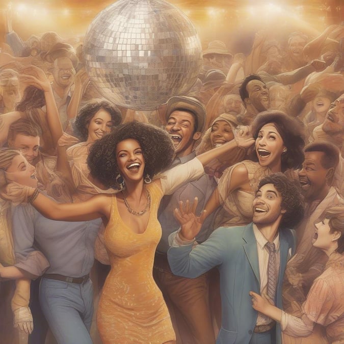 A lively scene from the disco era, featuring a group of joyful dancers with colorful attire, celebrating in front of a vibrant disco ball. The atmosphere is energetic and fun, capturing the spirit of the disco era.