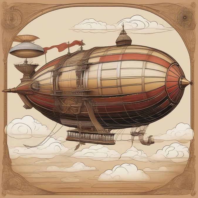 Schweben Sie hoch in den Himmel mit diesem prächtigen, vom Steampunk inspirierten Luftschiff. Mit seiner runden Nase, den Flügeln und dem Heck ist es ein Anblick, der sich vor dem Hintergrund von Wolken zeigt.