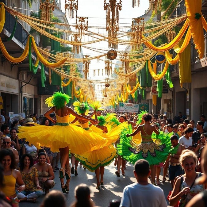 Lively street festival with colorful traditional costumes, feathered headdresses and dancers waving to spectators.