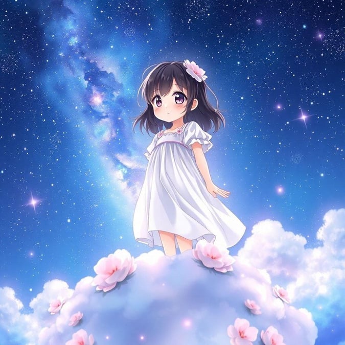 A beautiful anime girl stands in a starry night sky, surrounded by pink flowers and a white dress. The image captures a sense of enchantment and awe, with vibrant colors and a hint of fantasy.