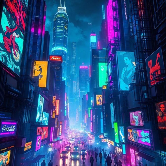 A vibrant cyberpunk city alive with neon lights, bustling streets, and futuristic architecture under a dusky sky.