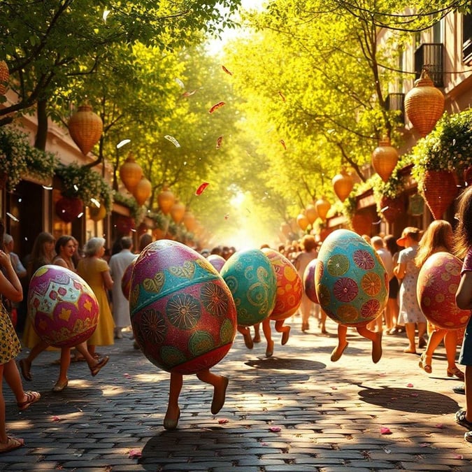 A lively street scene during an Easter parade, with participants in colorful costumes dancing down the cobblestone road. The crowd is filled with people of all ages enjoying the festivities.