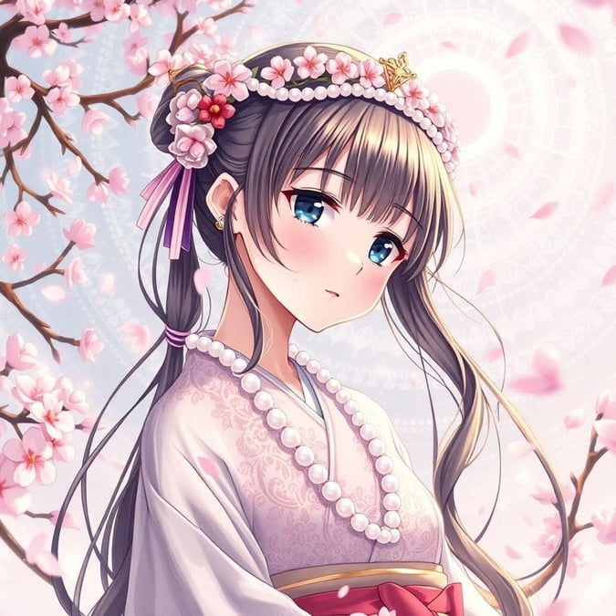 Njut av skönheten i denna anime-illustration som visar en detaljerad kimono-klädd tjej, prydd med pärlor, när hon står mitt i ett vattenfall av körsbärsblommor och stjärnstoft. Perfekt för skrivbords- och mobilbakgrunder, visar denna bild de intrikata detaljerna i traditionell japansk klädsel och den lugna lockelsen av vårens flyktiga blommor.