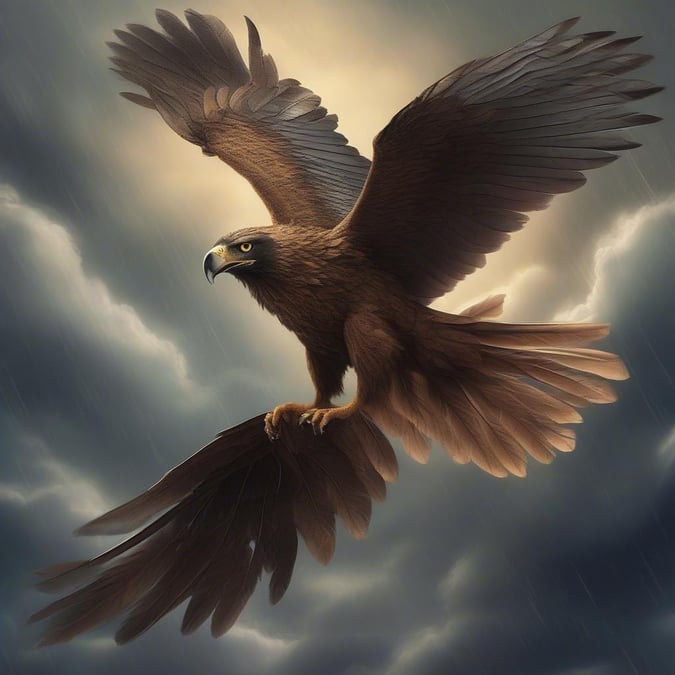 A soaring eagle, the embodiment of freedom and power. Its wings spread wide against a stormy sky, it seems to carve through the tempest with grace and strength.