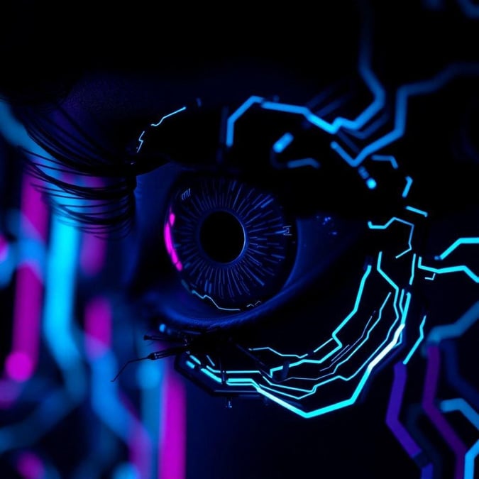 This eye-catching wallpaper features a futuristic eye with neon accents, perfect for fans of cyberpunk and neon aesthetics.